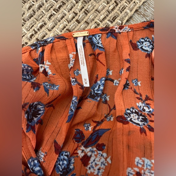 Free People Final Rose Floral Print Deep V-Neck Long Balloon Sleeve Ruched Top M - Picture 12 of 14